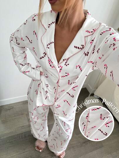 Aloruh 圣诞拐杖糖印花睡衣套装