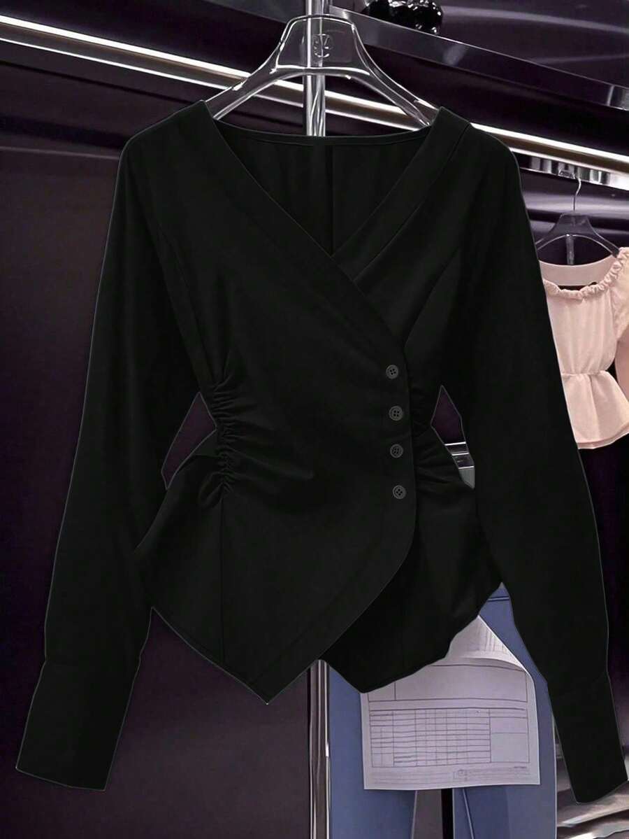 Franclia Women's Elegant Commuter Solid Color Ruched Waist Wrap Shirt - Black - View 1
