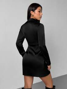 SHEIN PETITE 1件女士优雅纯色缎面褶皱修身迷你连衣裙 - 黑色 - 查看 9