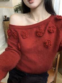 DAZY 女士3D立体花卉装饰毛衣，秋冬款 - 酒紅色 - 查看 3