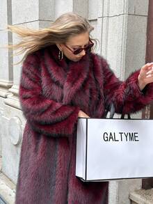 GalTyme 秋冬大码女式纯色长袖仿皮草夹克 - 酒紅色 - 查看 6