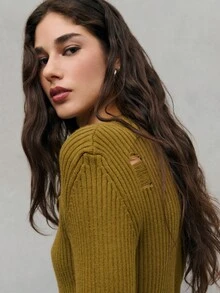 SHEIN Unity Stylish Olive Green Ribbed Sweater With Edgy Distressed Details Around The Neckline And Hem,Autumn Casual Everyday Elegant Relaxed Clothing For Women - Dark Green - View 4