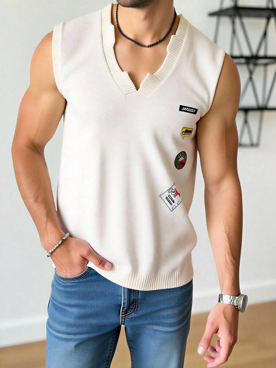 Manfinity Homme Men's Fashion Casual Letter Embroidered V-Neck Sweater Vest - Apricot - View 1