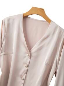 GlowEve CURVE Plus Size Women's Fashion Champagne Pleated Dress,Autumn Elegant Formal Textured Fabric,Collar Cuff Button Top And Skirt Set For Wedding Gala Party - Apricot - View 3