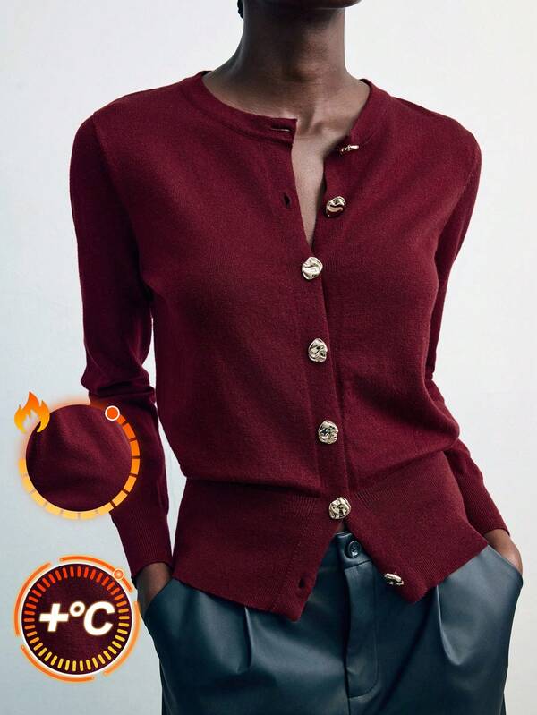 Maija Cardigan feminino casual versátil de cor sólida, cardigan fino bordô, cardigan vermelho escuro com botões, roupas femininas de outono, roupas de outono para mulheres, cardigan vermelho feminino