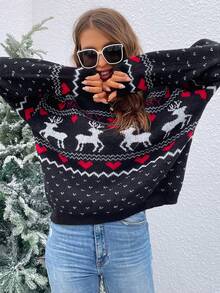 SHEIN LUNE Women's Oversized Reindeer Pattern Drop Shoulder Long Sleeve Sweater, Autumn/Winter - Black - View 3