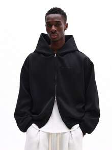 SUMWON 男士宽松全拉链连帽衫，带抽绳帽，冬季休闲卫衣，纯色 - 黑色 - 查看 1