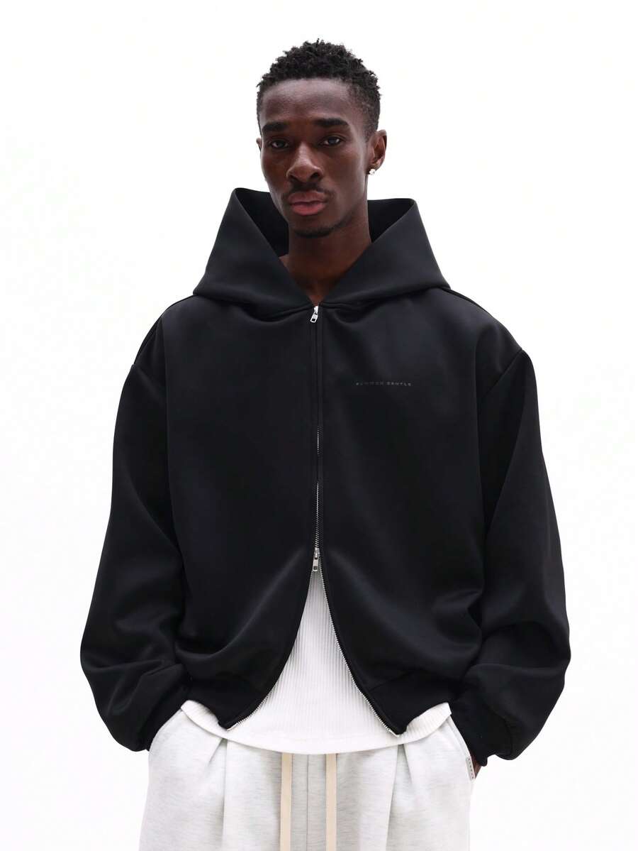 SUMWON 男士宽松全拉链连帽衫，带抽绳帽，冬季休闲卫衣，纯色 - 黑色 - 查看 1