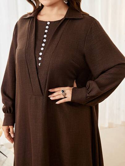 Al Najma Casual Solid Color Turndown Collar Long Sleeve Loose Regular Spring/Autumn Plus Size Women Arabian Dress