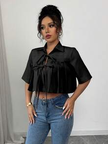 Selianne Blouse élégante pour femmes, couleur unie, avec ourlet plissé et nœud papillon - Noir - Voir 5