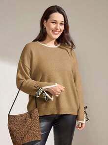 Momelise Plus Size Solid Color Minimalist Crew Neck Long Sleeve Pullover Sweater - Multicolor - View 3