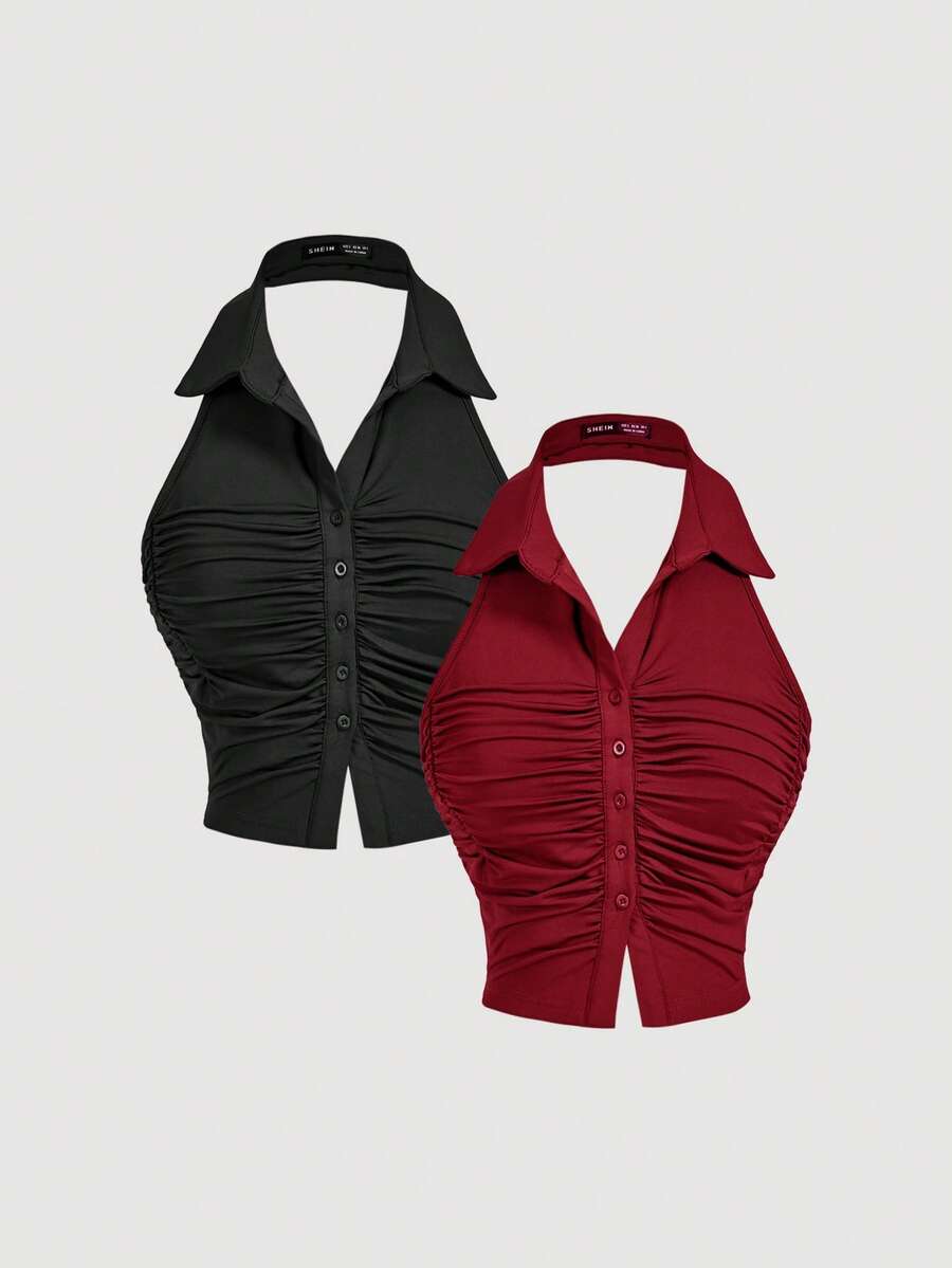 SHEIN MOD Women's 2 Packs Twist Front Ribbed Knit Strapless Tube Top Set, Black And White, Off The Shoulder Top,Red Tops For Women