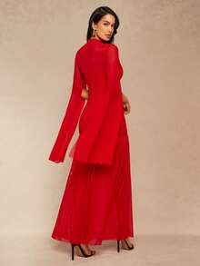 Silquee 女士长袖圆领网纱连衣裙，适合秋季穿着 - 紅色 - 查看 2