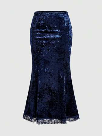 Goth Falda de sirena con dobladillo de encaje de contraste de terciopelo de lujo retro para mujer