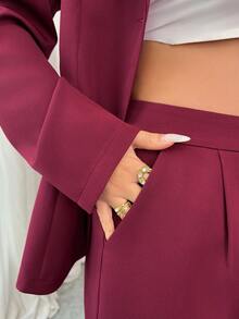 Elenzga 女士优雅奢华正式礼服套装，亮片欧根纱荷叶边领带西装套装，包含长袖外套和直筒裤，酒红色，适合万圣节、圣诞节、新年派对、毕业典礼、婚礼等场合。 - 酒紅色 - 查看 6