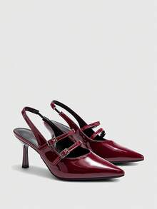 CUCCOO BIZCHIC 女士尖头细高跟酒红色后系带浅口鞋，露跟高跟鞋，适合户外、通勤、派对、宴会、办公室穿着 - 酒紅色 - 查看 2