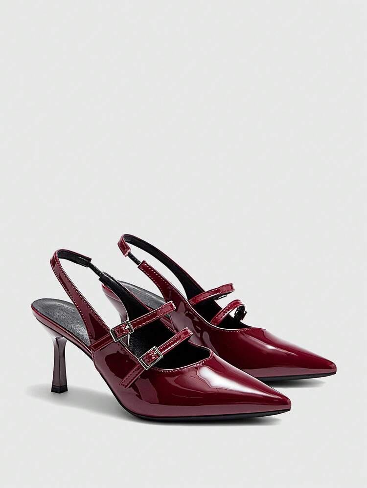 CUCCOO BIZCHIC Women's Pointed Toe Stiletto High Heel Burgundy Backstrap Pumps, Slingback High Heels For Outdoor, Commute, Party, Banquet, Office Wear Spring Shoes