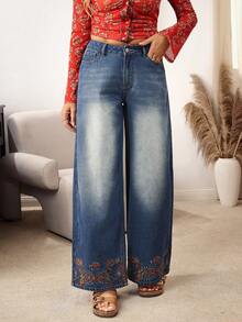 EMERY ROSE Quần jean ống rộng thêu hoa thường ngày cho nữ - Màu xanh lam - Xem 5