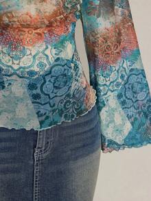 SHEIN ICON PlPlus Size Sexy Fashion Bohemian Western Style Y2K Millennium Style Blue And Orange Exotic Pattern V-Neck Ruffled Bell Sleeve Mesh Semi-Sheer Top - Blue - View 7