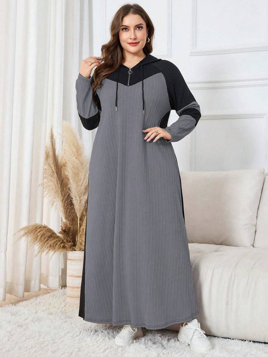 SHEIN Lacomfia 大码休闲针织提花拼色连帽长袖宽松中长连衣裙，春秋季 - 彩色 - 查看 1