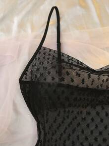 DelicateAllure Váy ngủ hai dây hở viền lưới gợi cảm hình trái tim cho nữ - màu đen - Xem 7