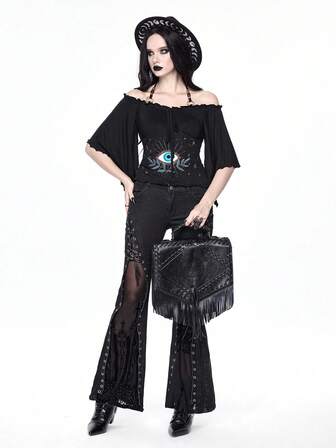 Goth Maglietta da donna vintage con scollo a spalla larga, decorazione in legno a goccia, ricamo a forma di occhio, maniche a pipistrello