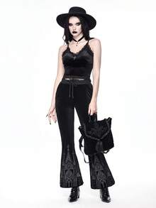 ROMWE Gothic Castle Embroidered Drawstring Elastic Waist Velvet Flare Pants For Women - Black - View 7