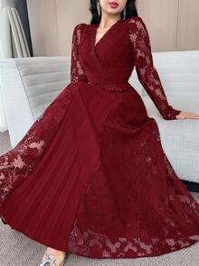 Modelyn 女士V领撞色蕾丝长袖褶皱优雅中长连衣裙 - 酒紅色 - 查看 6