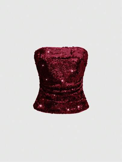 ROMWE Avant Women's Solid Color Pleated Glamorous Fashion Sequin Embellished Bandeau Top