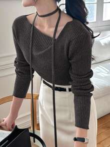 DAZY Women's Oblique Shoulder Scoop Neck Fitted Long Sleeve Soft Sweater - Dark Grey - View 2