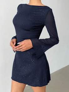 Aloruh Elegant Bowknot Backless Sexy Glitter Fabric Fitted Mini Dress Navy Blue Elegant Dress Open Back Dresses - Navy Blue - View 4