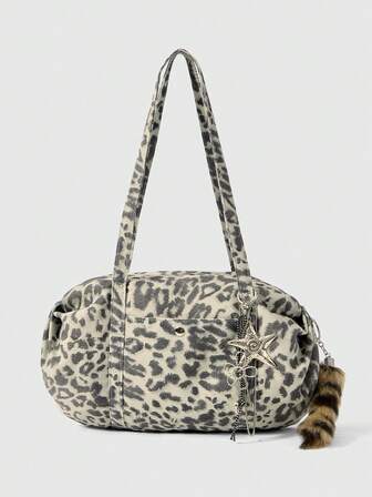Goth 1 pezzo Borsa a spalla vintage stile Y2K con stampa leopardata, borsa a tracolla casual punk rock con decorazioni a catena con stelle e cuori e codino soffice, adatta per scuola, shopping, viaggio