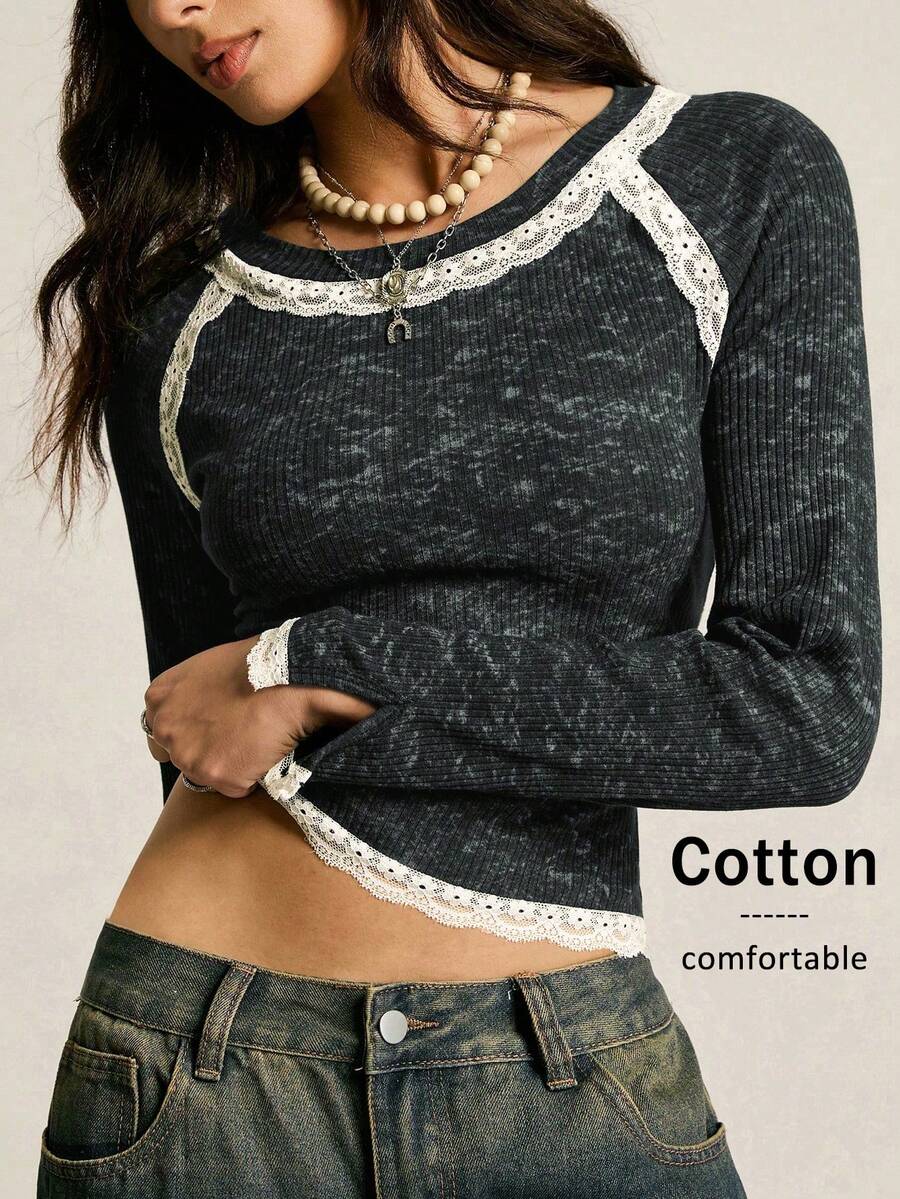 SoleilVie 女士圆领插肩袖蕾丝花边拼接优雅T恤 - 黑色 - 查看 1