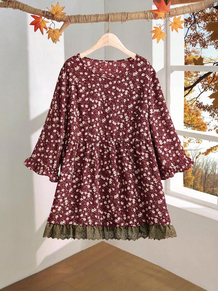 Plus Size Women's Fall/Early Spring Casual Fashion Vacation Vintage Casual Vacation Country Round Neck Wine Red Ditsy Floral Print Patchwork Embroidered Ruffle Hem Blouse Top, Autumn/Winter, Plus Size Winter ,Suitable For Early Spring, Babydoll Top, Christmas, Going Outs,2026 New ,Simple And Fashionable For Everyday Wear Vacations Women ,Holidays For Women, Spring Women, Valentine's Day ,Valentines For Women