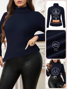 SHEIN Clasi Plus Size Women's Solid Color Turtleneck Long Sleeve Fleece Casual T-Shirt/Winter - Navy Blue - View 6