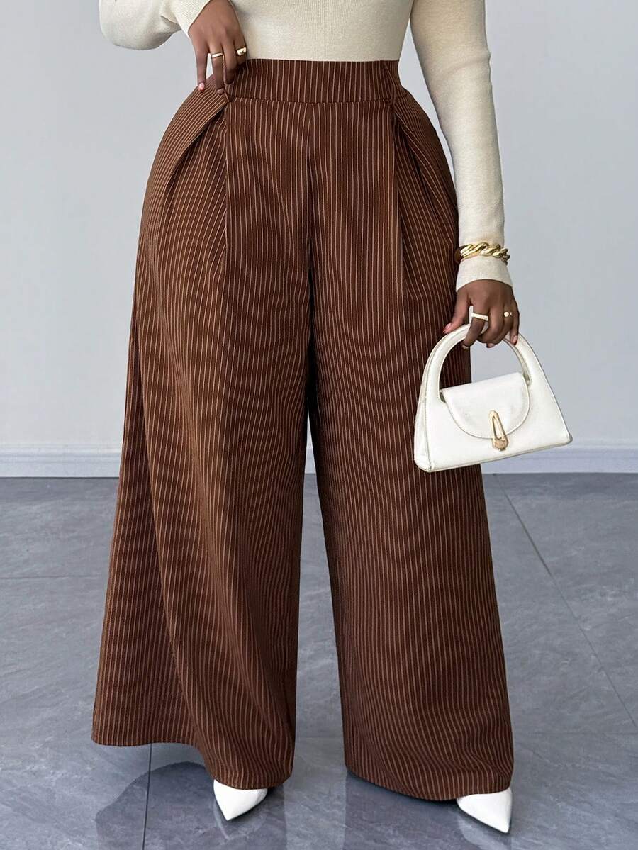 Maweii Plus Size Fashionable Vertical Striped Wide Leg Pants - Brown - View 1