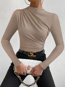 SHEIN PETITE 黑色褶皱长袖衬衫，夏季时尚女性