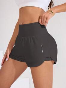 Easithlete 女士弹力腰带口袋宽松休闲双层短裤高腰健身短裤女士运动短裤 - 深灰色 - 查看 4
