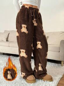 SHEIN PETITE Women's Casual Cartoon Bear Pattern Drawstring Waist Teddy Fleece Long Pants, Autumn/Winter Thanksgiving