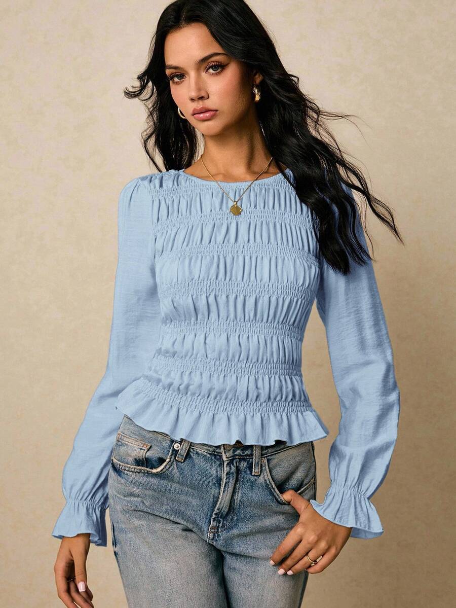 Poéselle Women's Solid Color Round Neck Long Sleeve Ruffle Hem Fashionable Blouse - Baby Blue - View 1