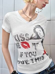 ROMWE Women's Kpop Christmas & Valentine's Day Slogan V-Neck Fitted T-Shirt - White - View 4