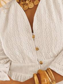 Aralina Lace Insert Long Sleeve Button Up Ruffle Hem Elegant Mini Shift Shirt Dress - White - View 8