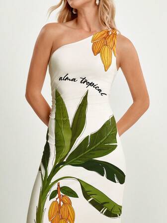 CAJUNI x Carol Peixinho Women's Vacation Tropical Print Knitted Sleeveless Asymmetrical Neck Fitted Cream Long Dress,Resort Wear Women Outfit,Tropical Print Dress