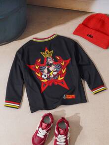 Popeye X SHEIN Young Boy Retro Cartoon Graphic Colorblock V-Neck Long Sleeve Loose Knit T-Shirt - Black - View 1
