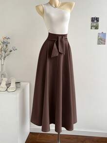 SHEIN Privé 2pcs/Set Women Asymmetric Neck Top And Oversized A-Line Skirt - Coffee Brown - View 1