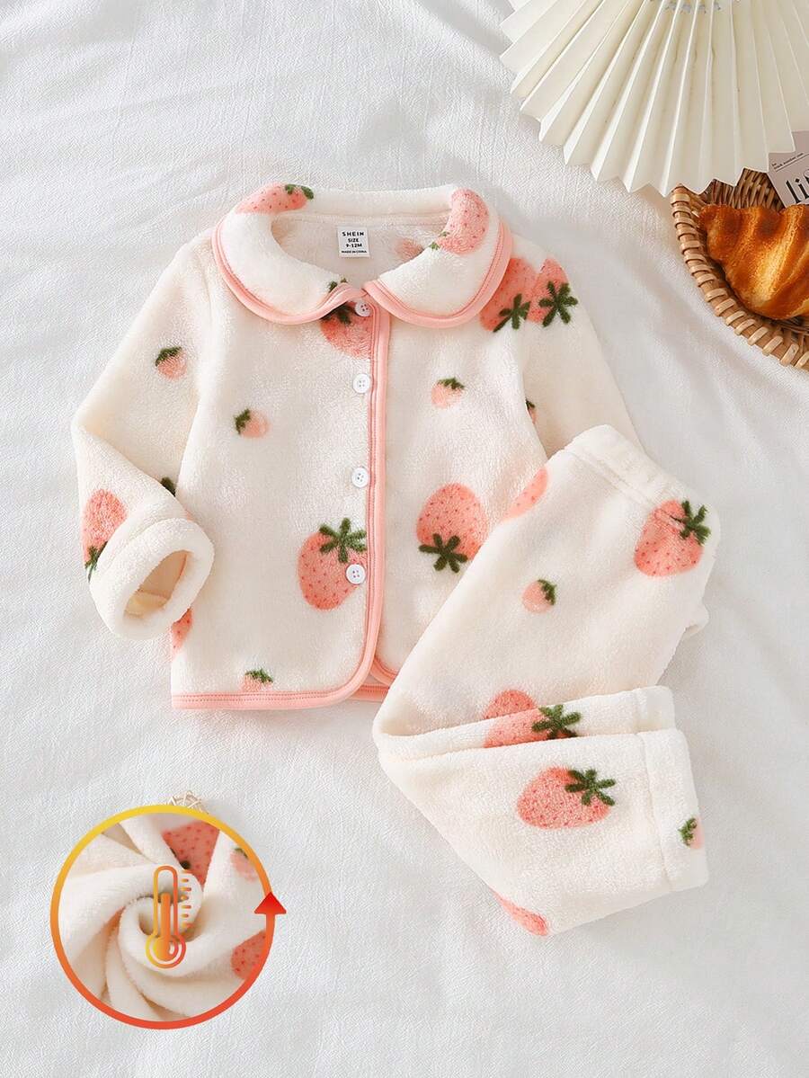 女婴可爱草莓印花开衫毛衣和裤子家居服套装 - 彩色 - 查看 1