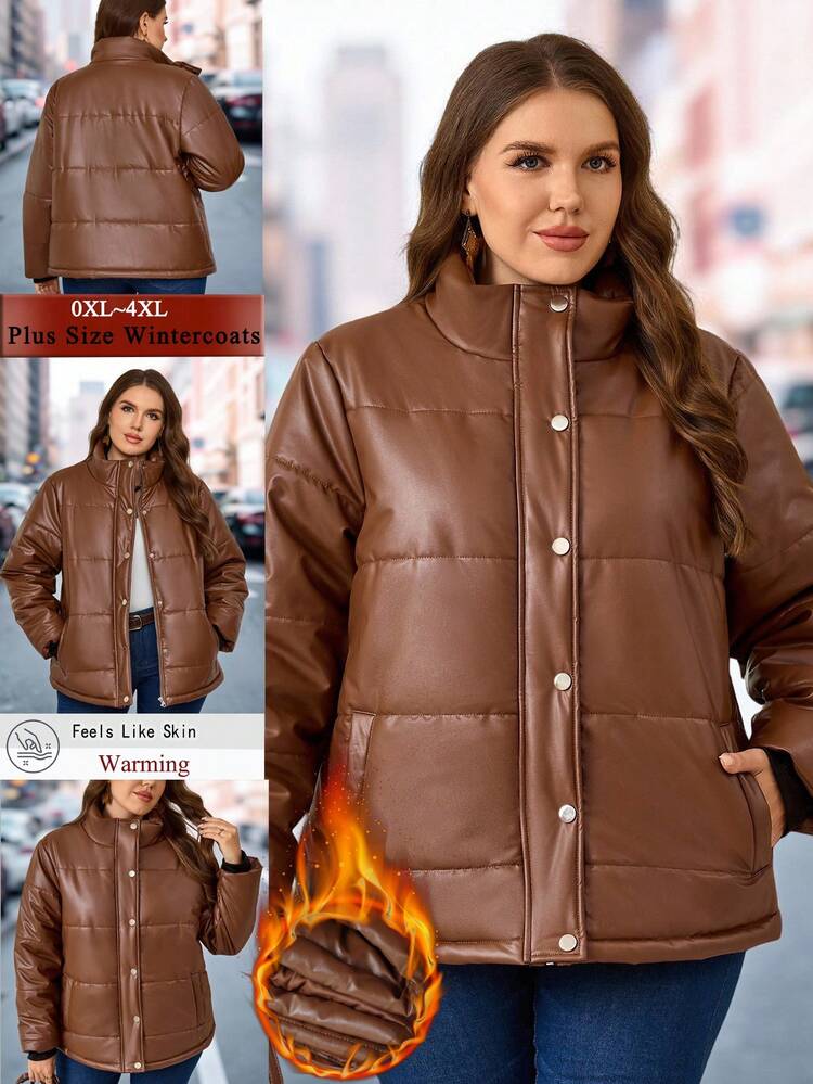 Plus Size Women Winter Country Casual   Warm Brown Stand Collar PU Padded Coat,Winter,Going Out Outfits,2025 New Clothes,Simple And Fashionable For Everyday Wear