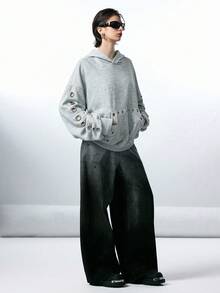 LYSMO 2025 Nueva sudadera minimalista de moda de otoño para mujer con ojetes de metal, sudadera oversize de otoño e invierno de color gris claro, sudadera estilo Y2K, moda grunge y punk, ropa Y2K para conjuntos, ropa de calle y estilo de Estocolmo, disfraces de Halloween