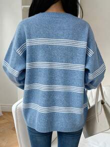 DAZY Damen Farbblock gestreifter Blume Muster Loose Fit Langarm Rundhals eleganter Strickpullover, Herbst/Winter - Blau - Übersicht 2