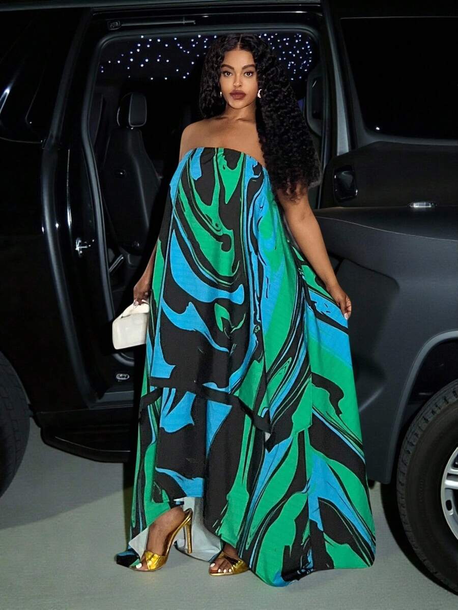 Slaydiva 2025 Spring, Summer, Autumn, Winter New Music Festival, Easter, Western, Nomadic Style Dress, Suitable For Birthday Party, Casual Wear, Vacation, Cruise Travel, Beach, Sunbathing, Viral , Street, Punk Style, Club Wear, Abstract Green Folk Print Long Sleeve Ruffle Collar Sexy Plus Size Asymmetric Hem Maxi Dress